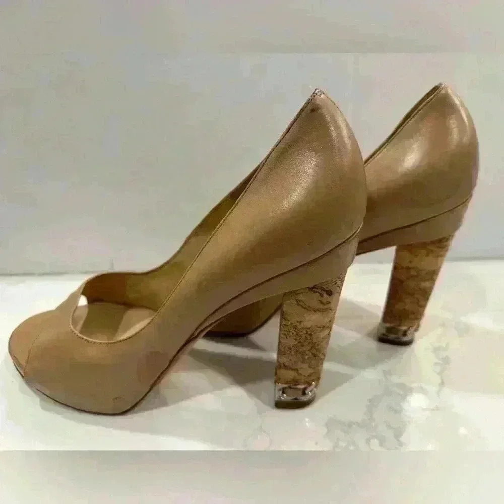 CHANEL Vintage Beige Leather Peep Toe Platform Cork Chain Pumps (Size 39 1/2) - Picture 7 of 16